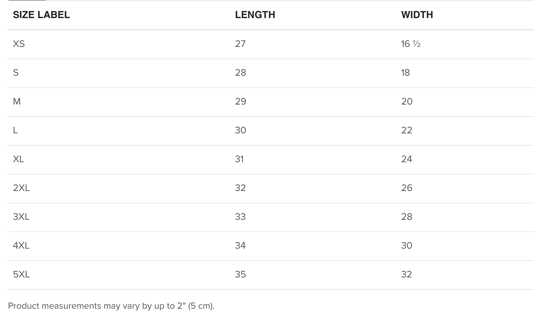 Sizing guide. Refer to Bella Canvas 3001 shirts